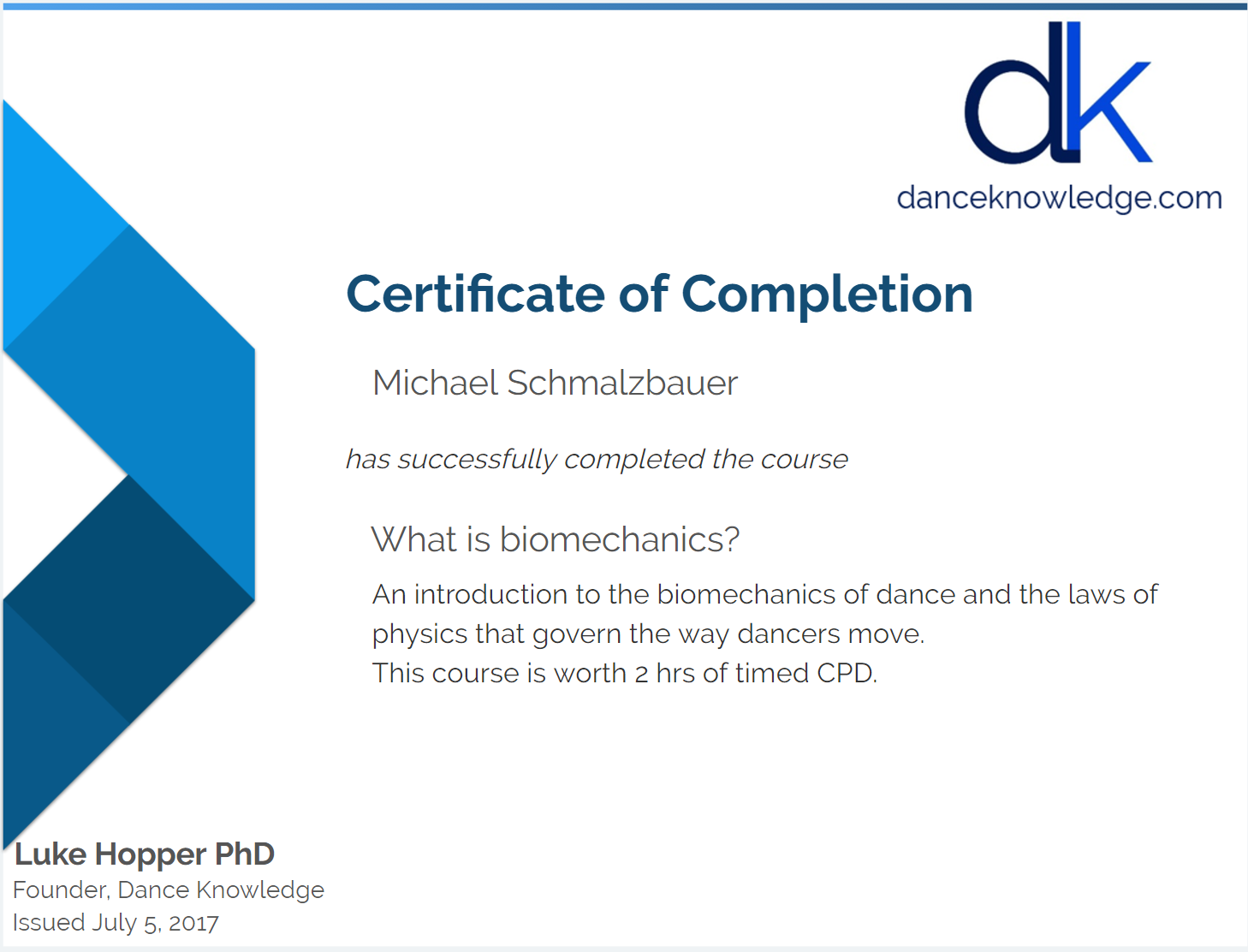 Dance Knowledge – Biomechanic/Certificate